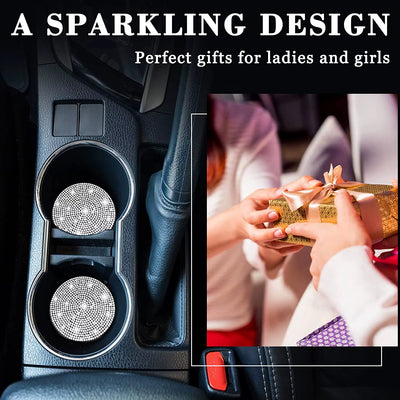 2Pcs Cute Bling Car Cup Holder Coaster Mat with Rhinestone for Women Girl Universal anti Slip Automotive Interior Accessories