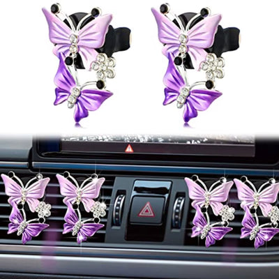 16 Pcs Butterfly Car Accessories Purple Steering Wheel Cover Air Fresheners Vent Clips Seat Belt Pads Cup Holders Armrest Cushi