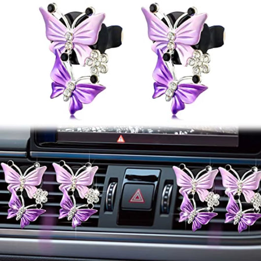 16 Pcs Butterfly Car Accessories Purple Steering Wheel Cover Air Fresheners Vent Clips Seat Belt Pads Cup Holders Armrest Cushi