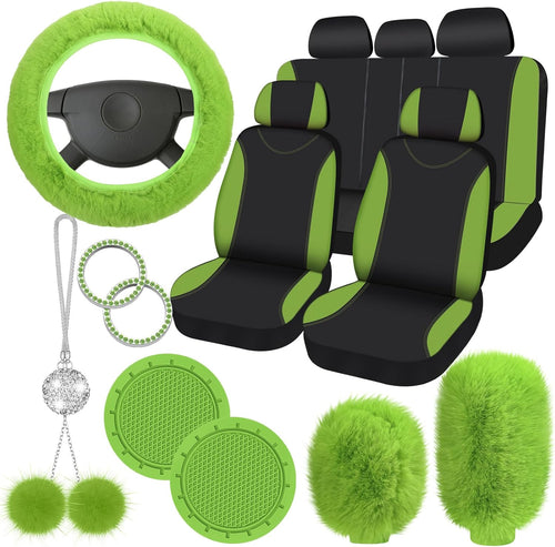 17 Pcs Car Seat Cover Full Set for Women Fluffy Fuzzy Car Accessories Christmas Front Rear Steering Wheel Fleece Handbrake Shift Covers Hanging Accessory Holder Ring Emblem(Green)