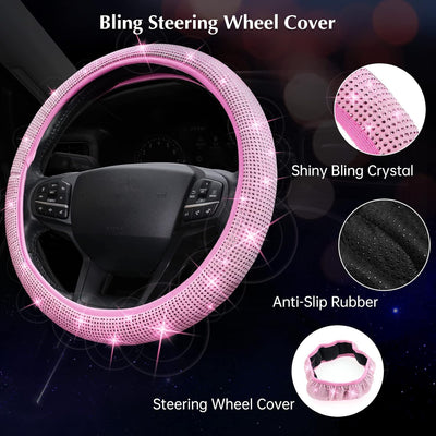 11 PCS Bling Car Accessories Set for Women Steering Wheel Covers Butterfly Hanging Seat Belt Cover Air Vent Clips Coasters Cute Glitter Diamond AUTO Accessories Kit (Pink)