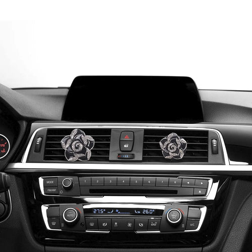 Bling Car Accessories Interior Air Vent Crystal Rhinestone Diamond Flowers Decoration, 1 Pair, Black