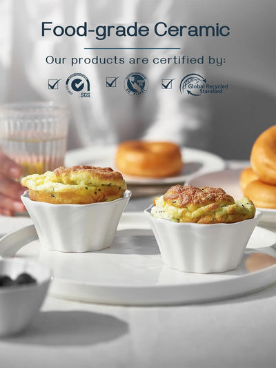 Ramekins 6 Oz, Creme Brulee Ramekins Oven Safe, Flower-Shaped Porcelain Ramekin for Baking Pudding, Souffle Dish, Custard Cups Dipping Sauce Bowls, Set of 6, Soft White