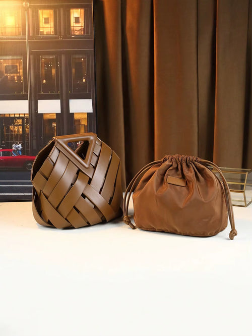 Woven Design Women Handbag, Tote Basket Bag, High-End Niche Inverted Triangle Shaped Fashion Commuter Bag, Casual Style