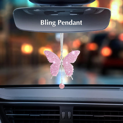 11 PCS Bling Car Accessories Set for Women Steering Wheel Covers Butterfly Hanging Seat Belt Cover Air Vent Clips Coasters Cute Glitter Diamond AUTO Accessories Kit (Pink)