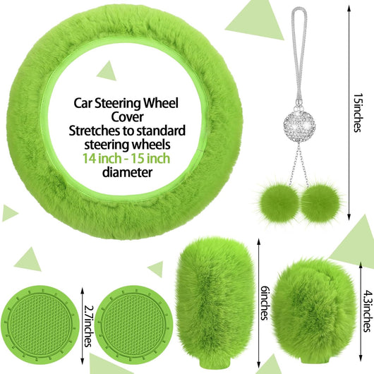 17 Pcs Car Seat Cover Full Set for Women Fluffy Fuzzy Car Accessories Christmas Front Rear Steering Wheel Fleece Handbrake Shift Covers Hanging Accessory Holder Ring Emblem(Green)