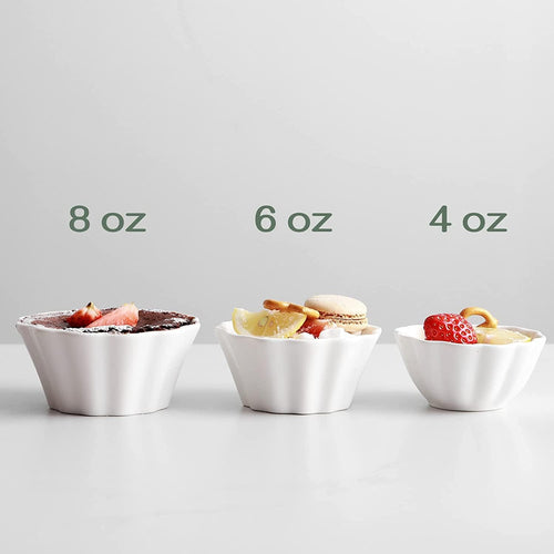 Ramekins 6 Oz, Creme Brulee Ramekins Oven Safe, Flower-Shaped Porcelain Ramekin for Baking Pudding, Souffle Dish, Custard Cups Dipping Sauce Bowls, Set of 6, Soft White