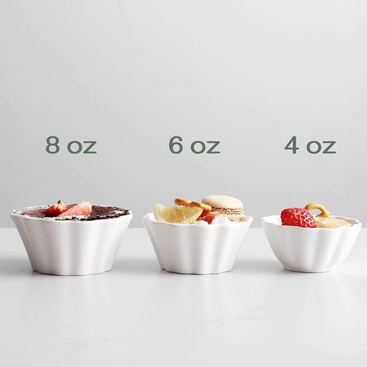 Ramekins 6 Oz, Creme Brulee Ramekins Oven Safe, Flower-Shaped Porcelain Ramekin for Baking Pudding, Souffle Dish, Custard Cups Dipping Sauce Bowls, Set of 6, Soft White