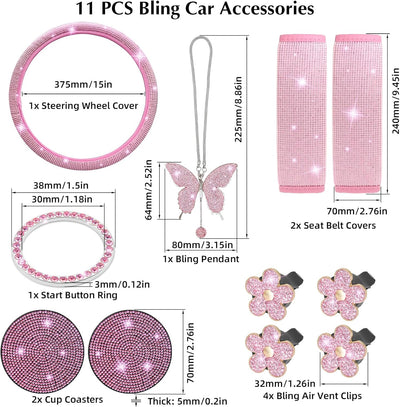 11 PCS Bling Car Accessories Set for Women Steering Wheel Covers Butterfly Hanging Seat Belt Cover Air Vent Clips Coasters Cute Glitter Diamond AUTO Accessories Kit (Pink)