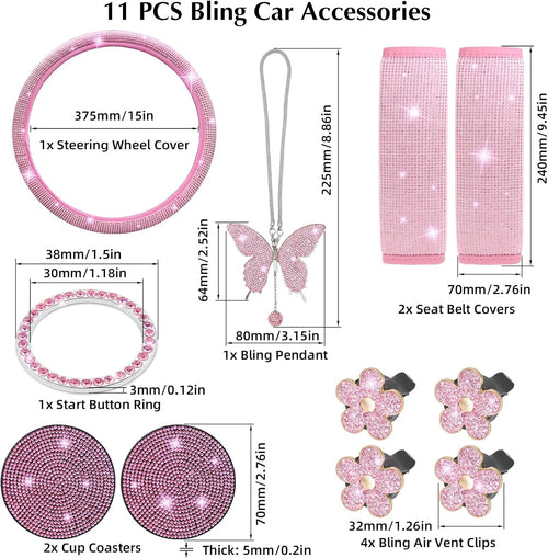 11 PCS Bling Car Accessories Set for Women Steering Wheel Covers Butterfly Hanging Seat Belt Cover Air Vent Clips Coasters Cute Glitter Diamond AUTO Accessories Kit (Pink)