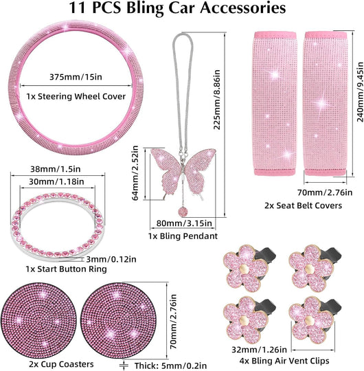 11 PCS Bling Car Accessories Set for Women Steering Wheel Covers Butterfly Hanging Seat Belt Cover Air Vent Clips Coasters Cute Glitter Diamond AUTO Accessories Kit (Pink)