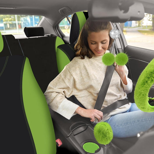 17 Pcs Car Seat Cover Full Set for Women Fluffy Fuzzy Car Accessories Christmas Front Rear Steering Wheel Fleece Handbrake Shift Covers Hanging Accessory Holder Ring Emblem(Green)