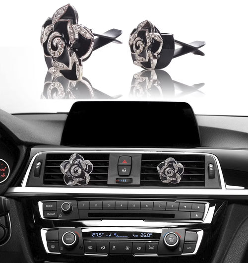 Bling Car Accessories Interior Air Vent Crystal Rhinestone Diamond Flowers Decoration, 1 Pair, Black