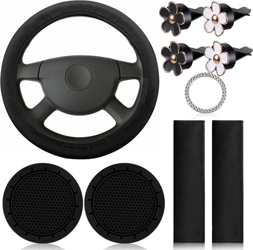 10PCS Leather Steering Wheel Cover for Women,Cute Car Accessories Set with Seat Belt Shoulder Pads, Cup Holders Bling Start Button Ring Sticker Air Vent Clip,Car Accessories (Black)