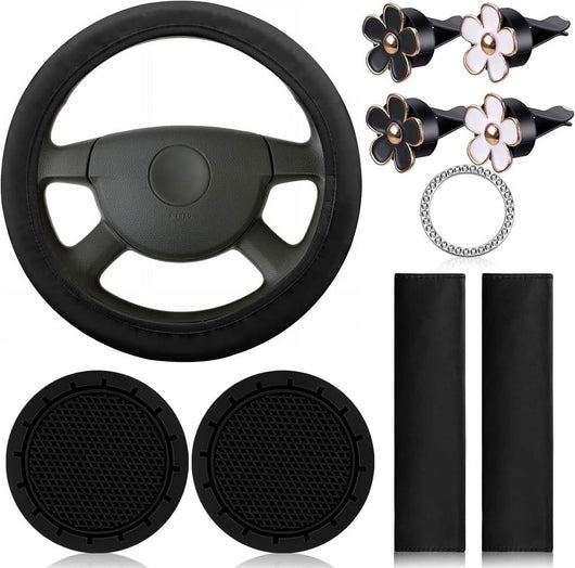10PCS Leather Steering Wheel Cover for Women,Cute Car Accessories Set with Seat Belt Shoulder Pads, Cup Holders Bling Start Button Ring Sticker Air Vent Clip,Car Accessories (Black)