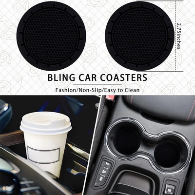 10PCS Leather Steering Wheel Cover for Women,Cute Car Accessories Set with Seat Belt Shoulder Pads, Cup Holders Bling Start Button Ring Sticker Air Vent Clip,Car Accessories (Black)