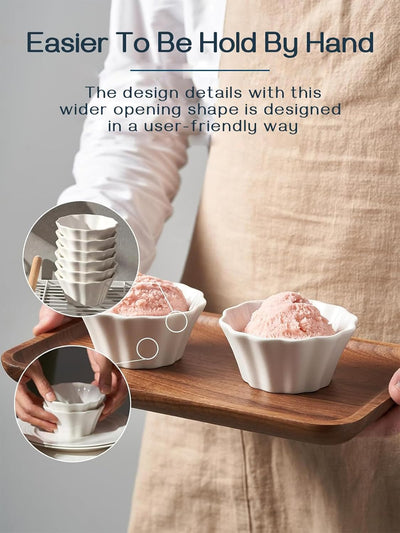 Ramekins 6 Oz, Creme Brulee Ramekins Oven Safe, Flower-Shaped Porcelain Ramekin for Baking Pudding, Souffle Dish, Custard Cups Dipping Sauce Bowls, Set of 6, Soft White