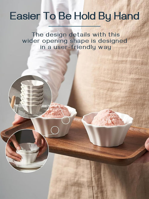 Ramekins 6 Oz, Creme Brulee Ramekins Oven Safe, Flower-Shaped Porcelain Ramekin for Baking Pudding, Souffle Dish, Custard Cups Dipping Sauce Bowls, Set of 6, Soft White