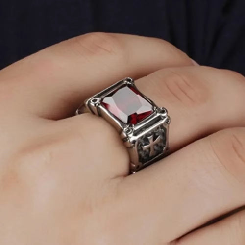 New Fashion Creative Trend Delicate Compact Red Gemstone Cross Pattern Ring Retro Men'S Street Party Niche Ring Gift Jewellery
