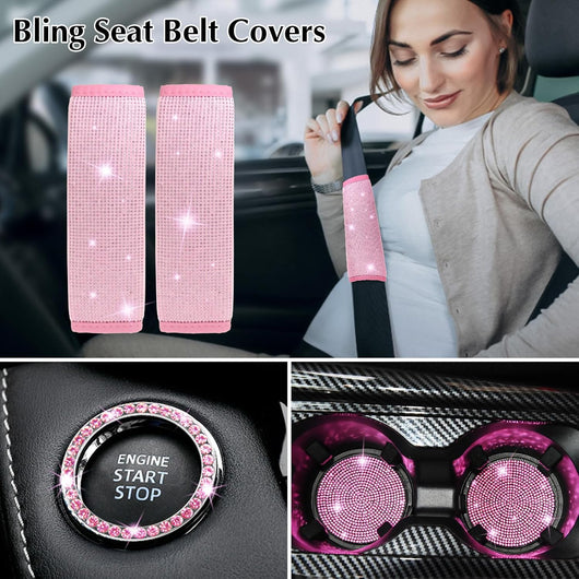11 PCS Bling Car Accessories Set for Women Steering Wheel Covers Butterfly Hanging Seat Belt Cover Air Vent Clips Coasters Cute Glitter Diamond AUTO Accessories Kit (Pink)