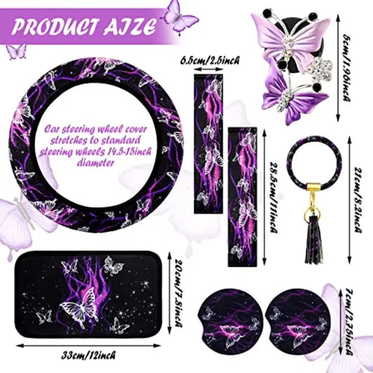 16 Pcs Butterfly Car Accessories Purple Steering Wheel Cover Air Fresheners Vent Clips Seat Belt Pads Cup Holders Armrest Cushi
