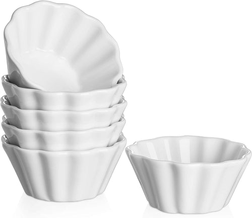 Ramekins 6 Oz, Creme Brulee Ramekins Oven Safe, Flower-Shaped Porcelain Ramekin for Baking Pudding, Souffle Dish, Custard Cups Dipping Sauce Bowls, Set of 6, Soft White