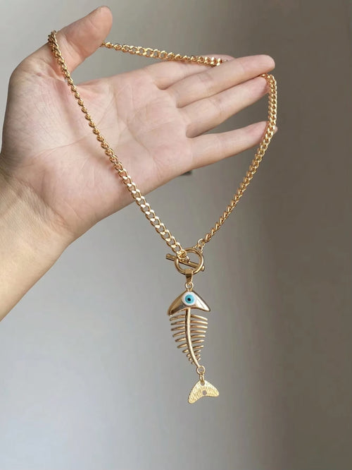 Hip Hop Ins Style Fish Bone Pendant Necklace Women Summer Wearing Niche Fashion Jewelry Holiday