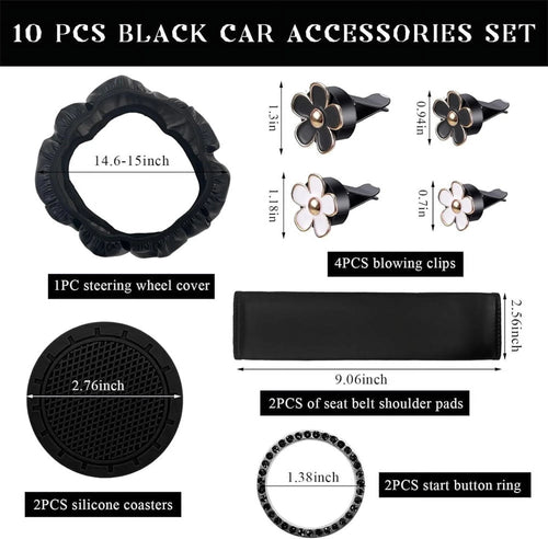 10PCS Leather Steering Wheel Cover for Women,Cute Car Accessories Set with Seat Belt Shoulder Pads, Cup Holders Bling Start Button Ring Sticker Air Vent Clip,Car Accessories (Black)