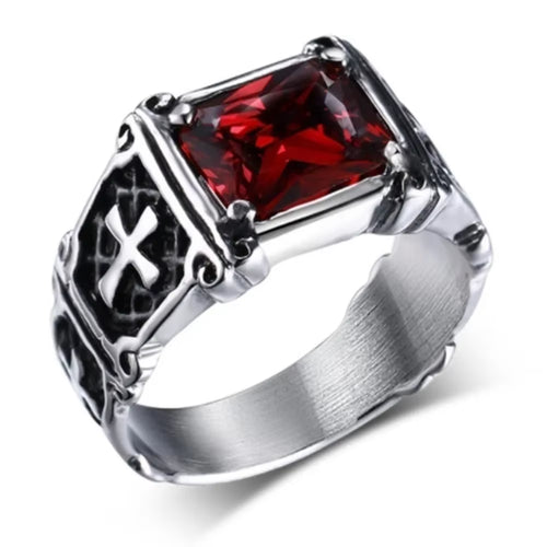 New Fashion Creative Trend Delicate Compact Red Gemstone Cross Pattern Ring Retro Men'S Street Party Niche Ring Gift Jewellery