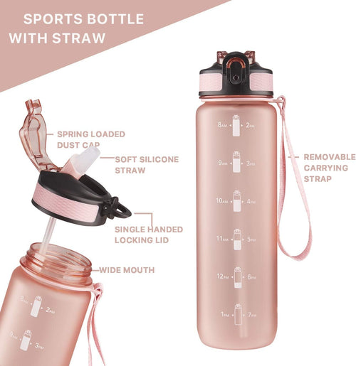 32 Oz Water Bottle with Time Marker, Carry Strap, Leak-Proof Tritan Bpa-Free, Ensure You Drink Enough Water for Fitness, Gym, Camping, Outdoor Sports