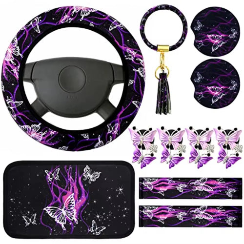 16 Pcs Butterfly Car Accessories Purple Steering Wheel Cover Air Fresheners Vent Clips Seat Belt Pads Cup Holders Armrest Cushi