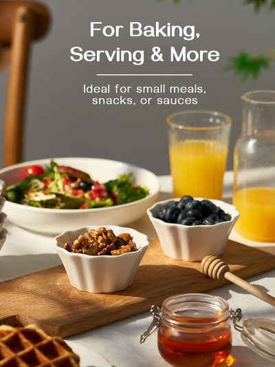 Ramekins 6 Oz, Creme Brulee Ramekins Oven Safe, Flower-Shaped Porcelain Ramekin for Baking Pudding, Souffle Dish, Custard Cups Dipping Sauce Bowls, Set of 6, Soft White