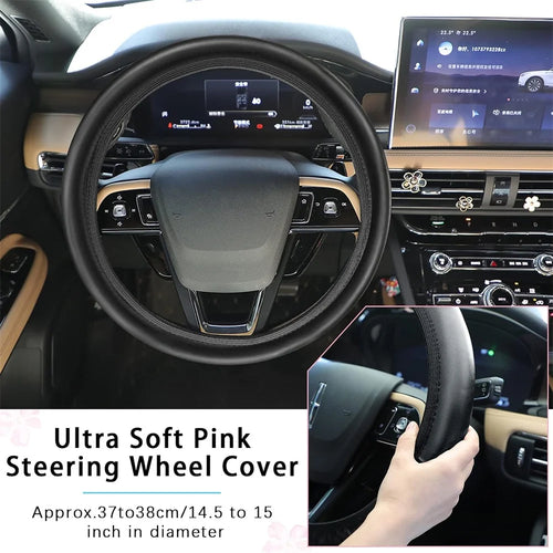 10PCS Leather Steering Wheel Cover for Women,Cute Car Accessories Set with Seat Belt Shoulder Pads, Cup Holders Bling Start Button Ring Sticker Air Vent Clip,Car Accessories (Black)