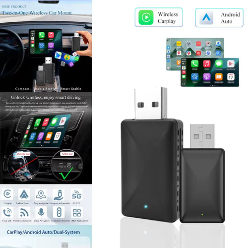 Wireless Carplay Adapter Android Auto 2In1 Wired to Wireless AI Smart Box Plug＆Play Automatic Connection Car Intelligent Systems