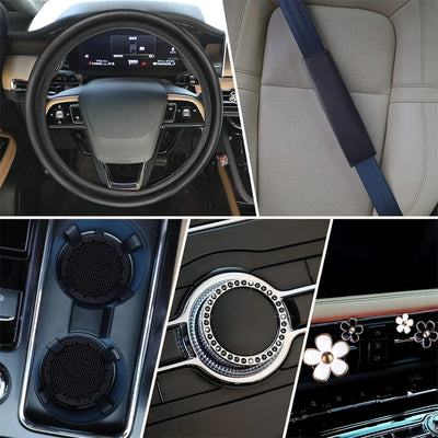 10PCS Leather Steering Wheel Cover for Women,Cute Car Accessories Set with Seat Belt Shoulder Pads, Cup Holders Bling Start Button Ring Sticker Air Vent Clip,Car Accessories (Black)