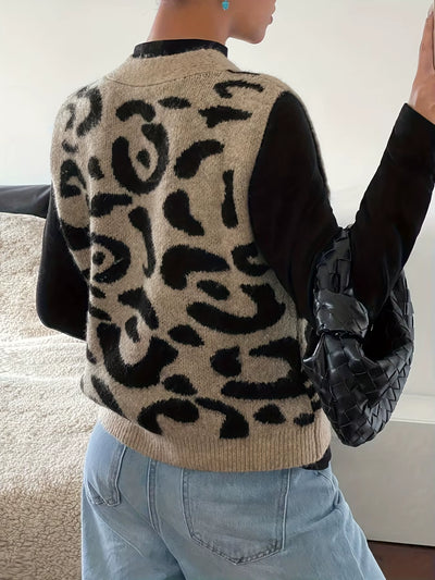 Women'S New Autumn and Winter Fashion Elegant V Neck Open Placket Collar Button Sleeveless Leopard Print Stylish Unique Niche De