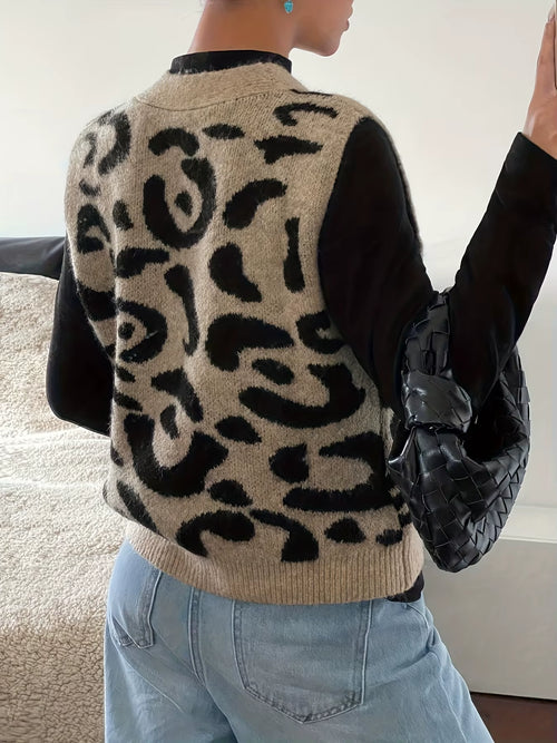 Women'S New Autumn and Winter Fashion Elegant V Neck Open Placket Collar Button Sleeveless Leopard Print Stylish Unique Niche De