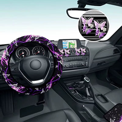 16 Pcs Butterfly Car Accessories Purple Steering Wheel Cover Air Fresheners Vent Clips Seat Belt Pads Cup Holders Armrest Cushi