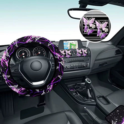 16 Pcs Butterfly Car Accessories Purple Steering Wheel Cover Air Fresheners Vent Clips Seat Belt Pads Cup Holders Armrest Cushi