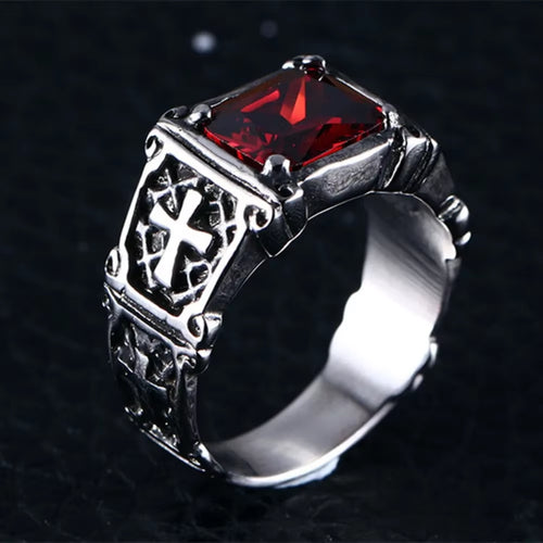 New Fashion Creative Trend Delicate Compact Red Gemstone Cross Pattern Ring Retro Men'S Street Party Niche Ring Gift Jewellery