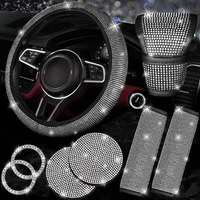 8 Pcs Bling Car Accessories Set for Women, Steering Wheel Cover, Sparkly Seat Belt Covers, Bling Gear Shift Cover, Universal Fit Most Cars (Silver Diamond)
