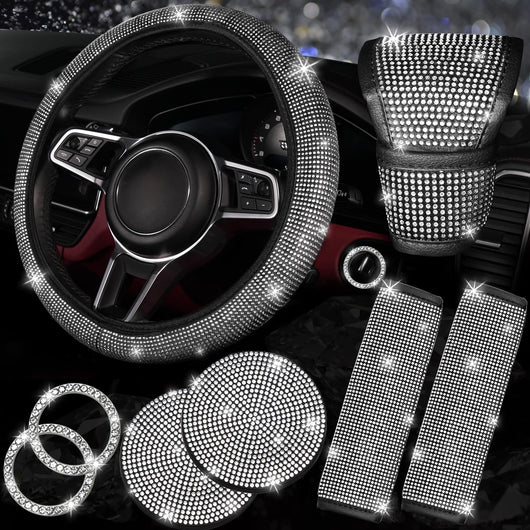 8 Pcs Bling Car Accessories Set for Women, Steering Wheel Cover, Sparkly Seat Belt Covers, Bling Gear Shift Cover, Universal Fit Most Cars (Silver Diamond)