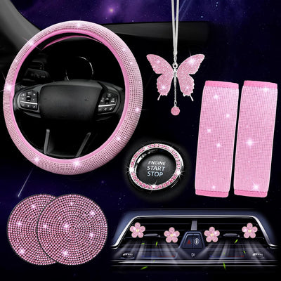 11 PCS Bling Car Accessories Set for Women Steering Wheel Covers Butterfly Hanging Seat Belt Cover Air Vent Clips Coasters Cute Glitter Diamond AUTO Accessories Kit (Pink)
