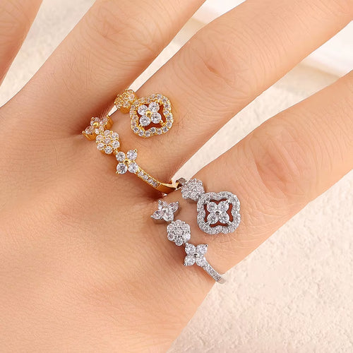 New Fashion Zircon Inlay Four-Leaf Flower Design Open Ring for Women Exquisite Shiny CZ Niche Jewelry Gift