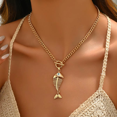 Hip Hop Ins Style Fish Bone Pendant Necklace Women Summer Wearing Niche Fashion Jewelry Holiday