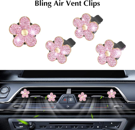 11 PCS Bling Car Accessories Set for Women Steering Wheel Covers Butterfly Hanging Seat Belt Cover Air Vent Clips Coasters Cute Glitter Diamond AUTO Accessories Kit (Pink)