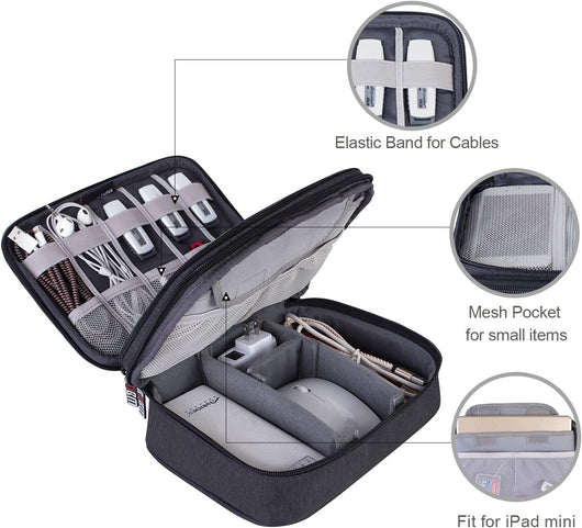 Electronic Organizer, Double Layer Travel Gadget Carry Bag for Cables, Plugs, Earphone, Flash Hard Drive and More--A Sleeve Pouch for Ipad Mini(Medium, Black)