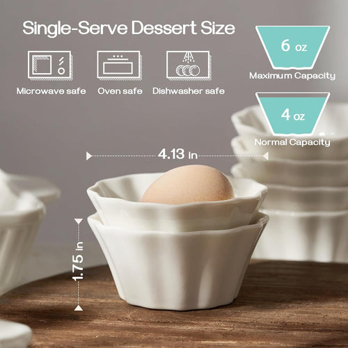 Ramekins 6 Oz, Creme Brulee Ramekins Oven Safe, Flower-Shaped Porcelain Ramekin for Baking Pudding, Souffle Dish, Custard Cups Dipping Sauce Bowls, Set of 6, Soft White
