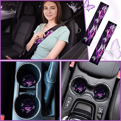 16 Pcs Butterfly Car Accessories Purple Steering Wheel Cover Air Fresheners Vent Clips Seat Belt Pads Cup Holders Armrest Cushi