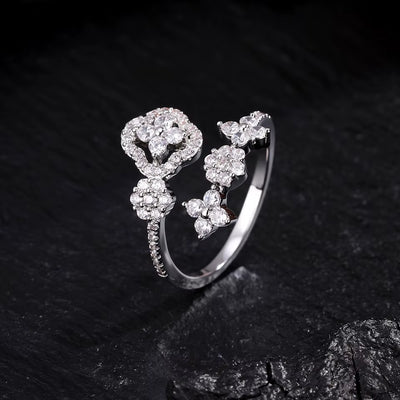 New Fashion Zircon Inlay Four-Leaf Flower Design Open Ring for Women Exquisite Shiny CZ Niche Jewelry Gift